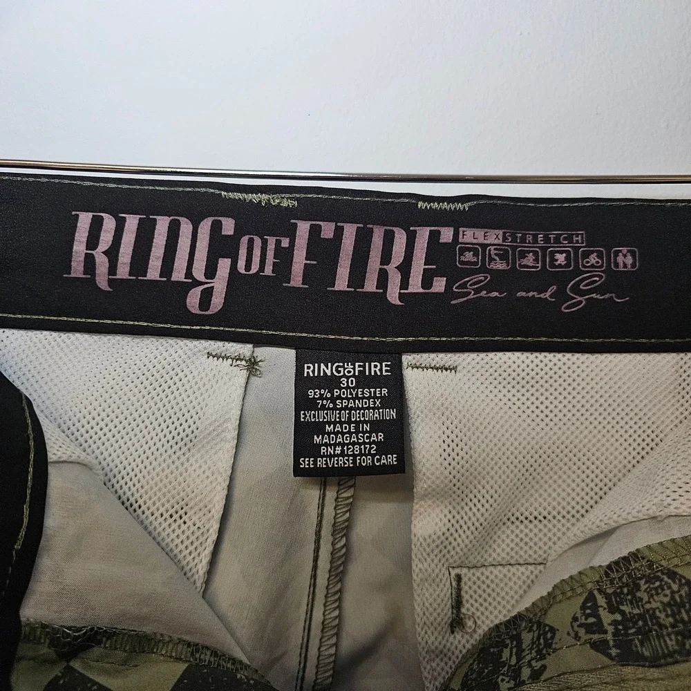 Ring Of Fire Board Shorts 30 Mens Green Black Sea & Sun Flex Stretch Swim Surf